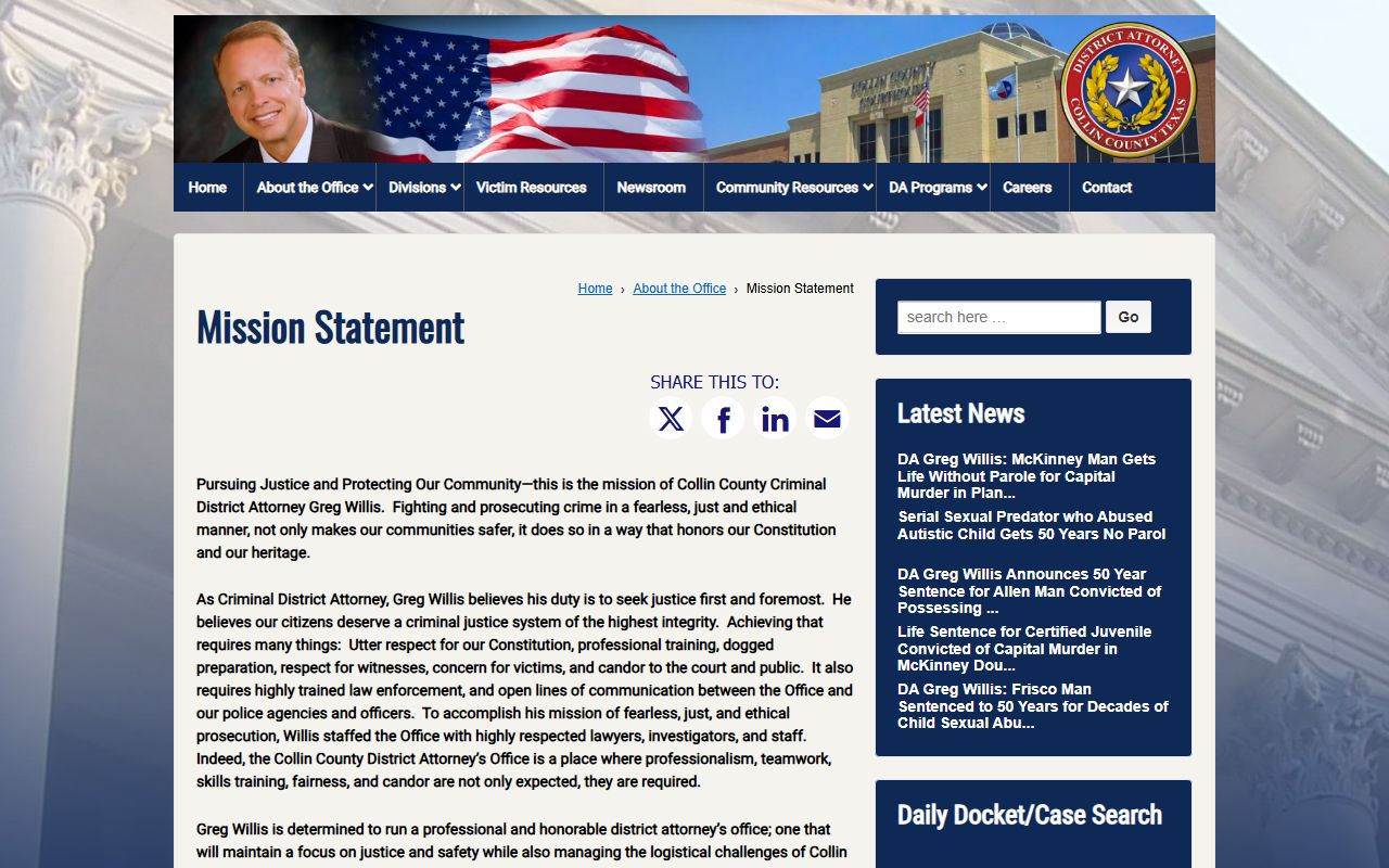 Collin County arrest records and the District Attorney mission statement guiding criminal records prosecution