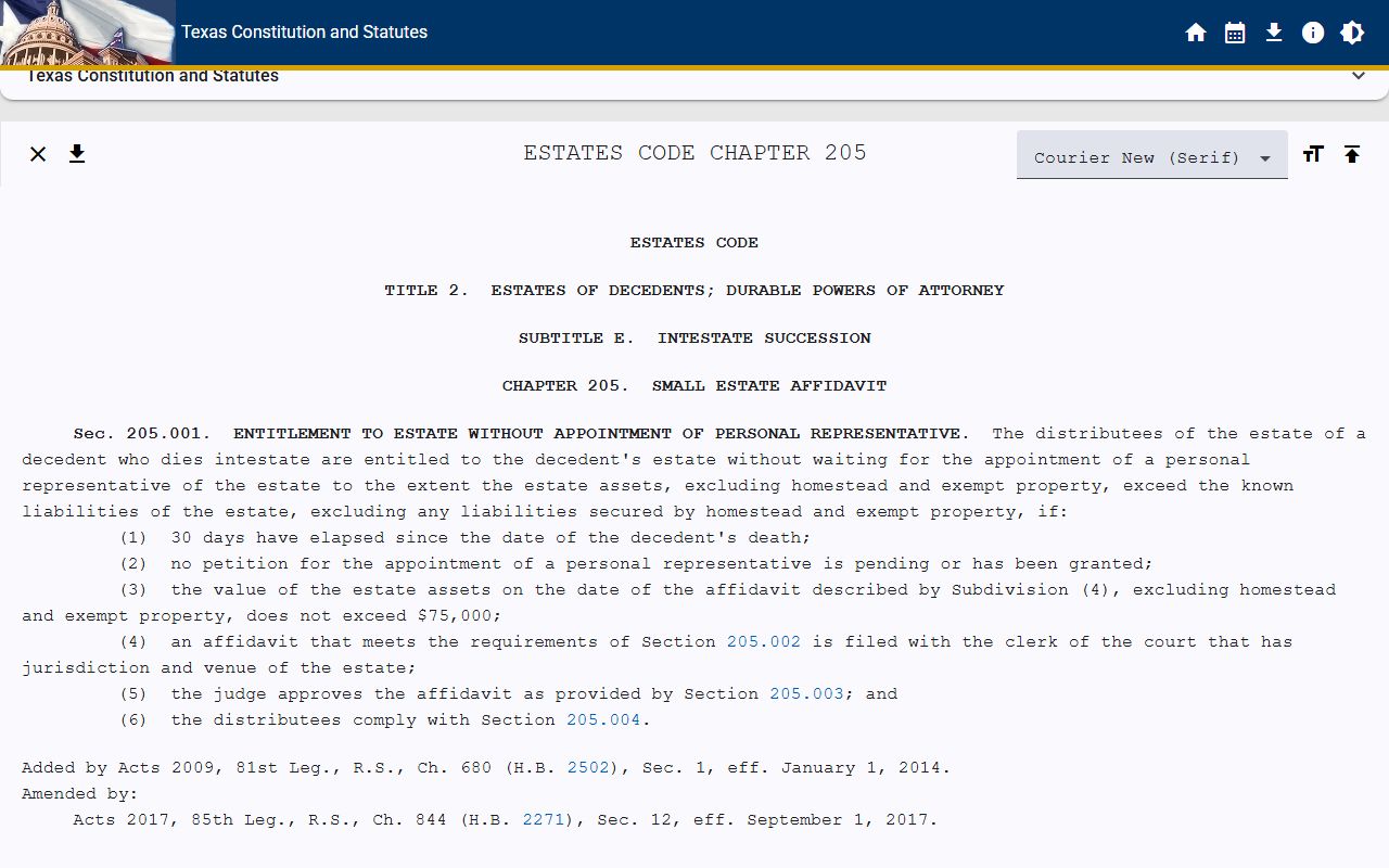 Collin County probate records and Texas Estates Code Chapter 205 small estate affidavit law